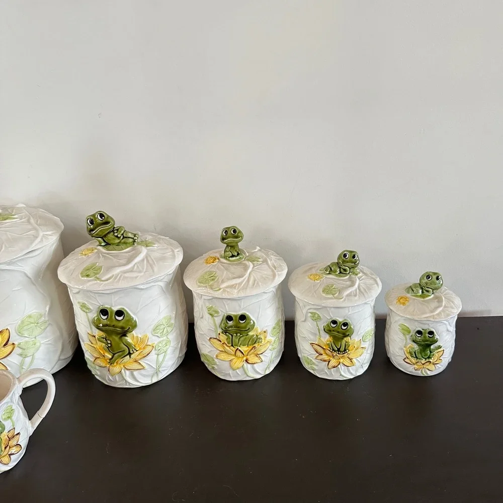 VTG Sears Roebuck Neil the Frog Ceramic Canister Set 8pc Creamer Salt Pepper MCM